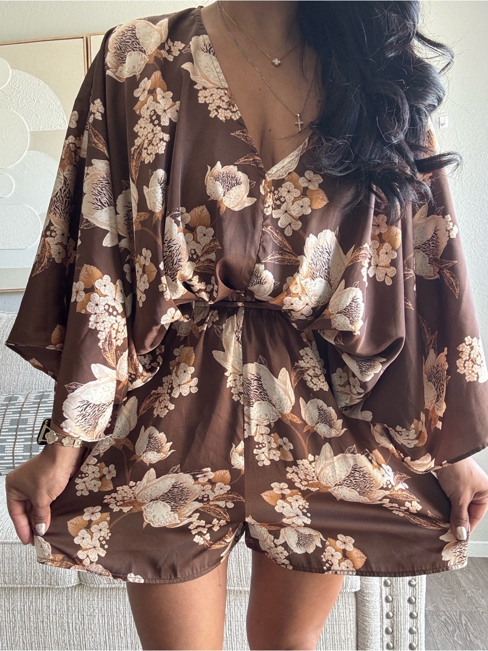 Satin Brown Floral Kimono Romper - Women Intimates & Sleepwear